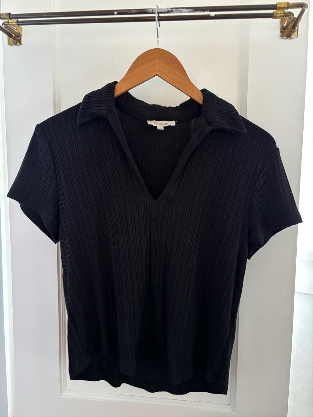 Madewell Black Ribbed Short Sleeve V-Neck Polo